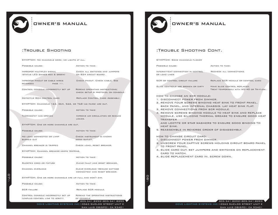 Owner’s manual, Trouble shooting, Trouble shooting cont | Dove Systems DIMMERMASTER 824 User Manual | Page 4 / 5
