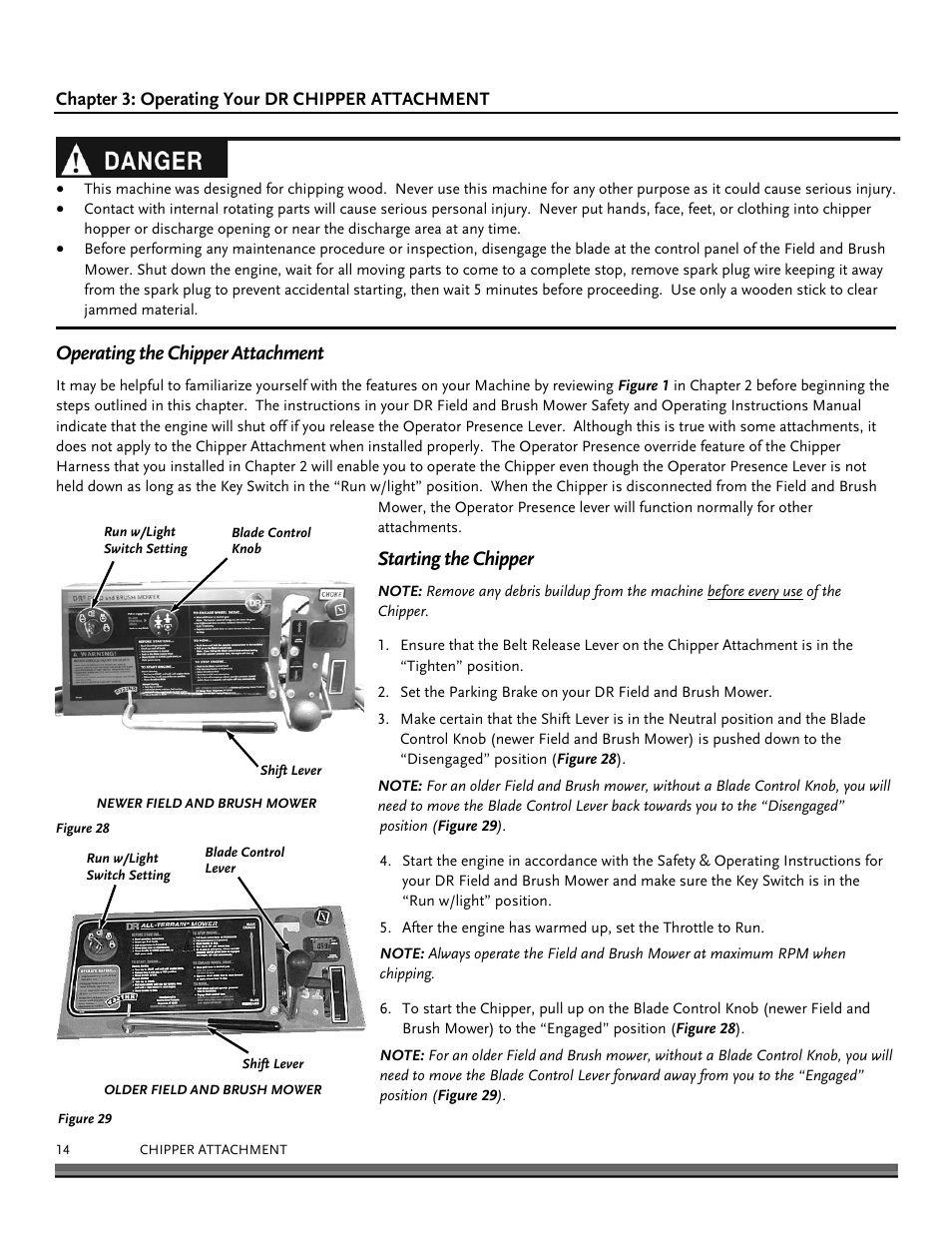Operating the chipper attachment, Starting the chipper | DR Power Chipper User Manual | Page 14 / 32