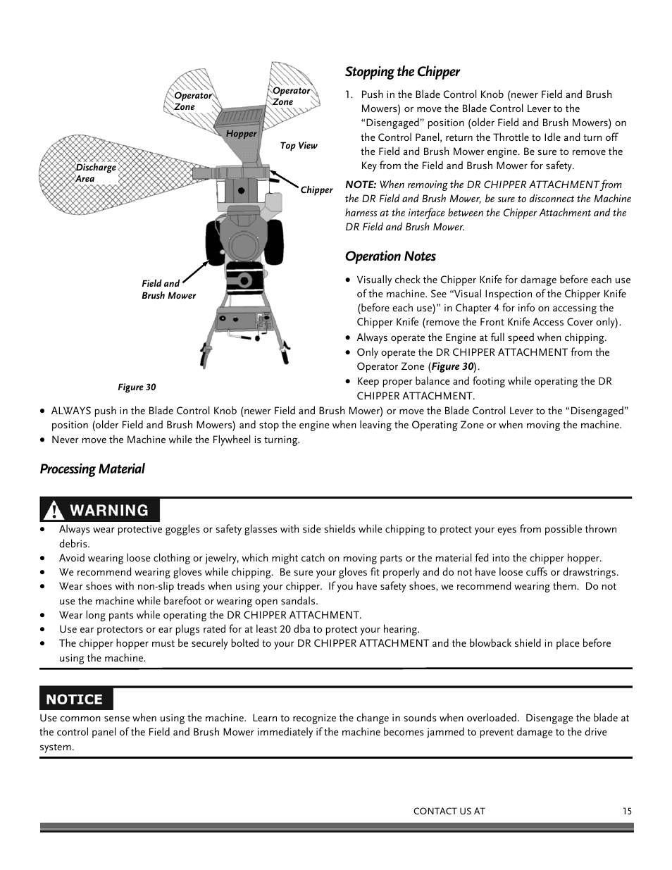 Stopping the chipper, Processing material | DR Power Chipper User Manual | Page 15 / 32
