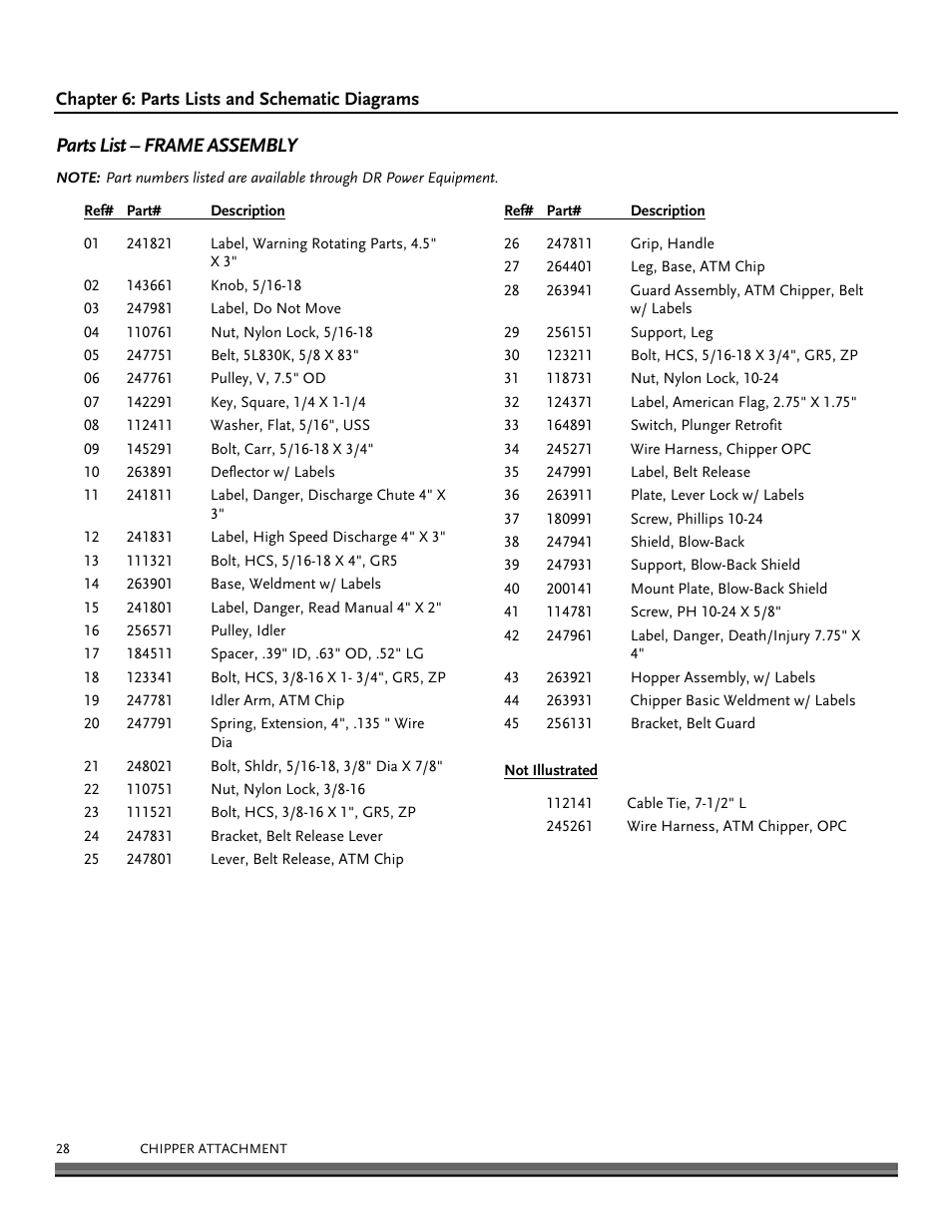 Parts list – frame assembly | DR Power Chipper User Manual | Page 28 / 32