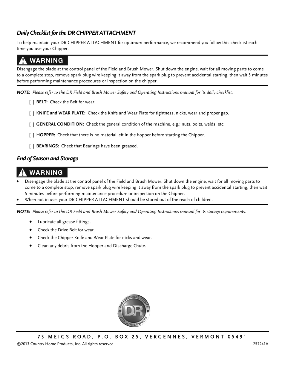 Daily checklist for the dr chipper attachment, End of season and storage | DR Power Chipper User Manual | Page 32 / 32