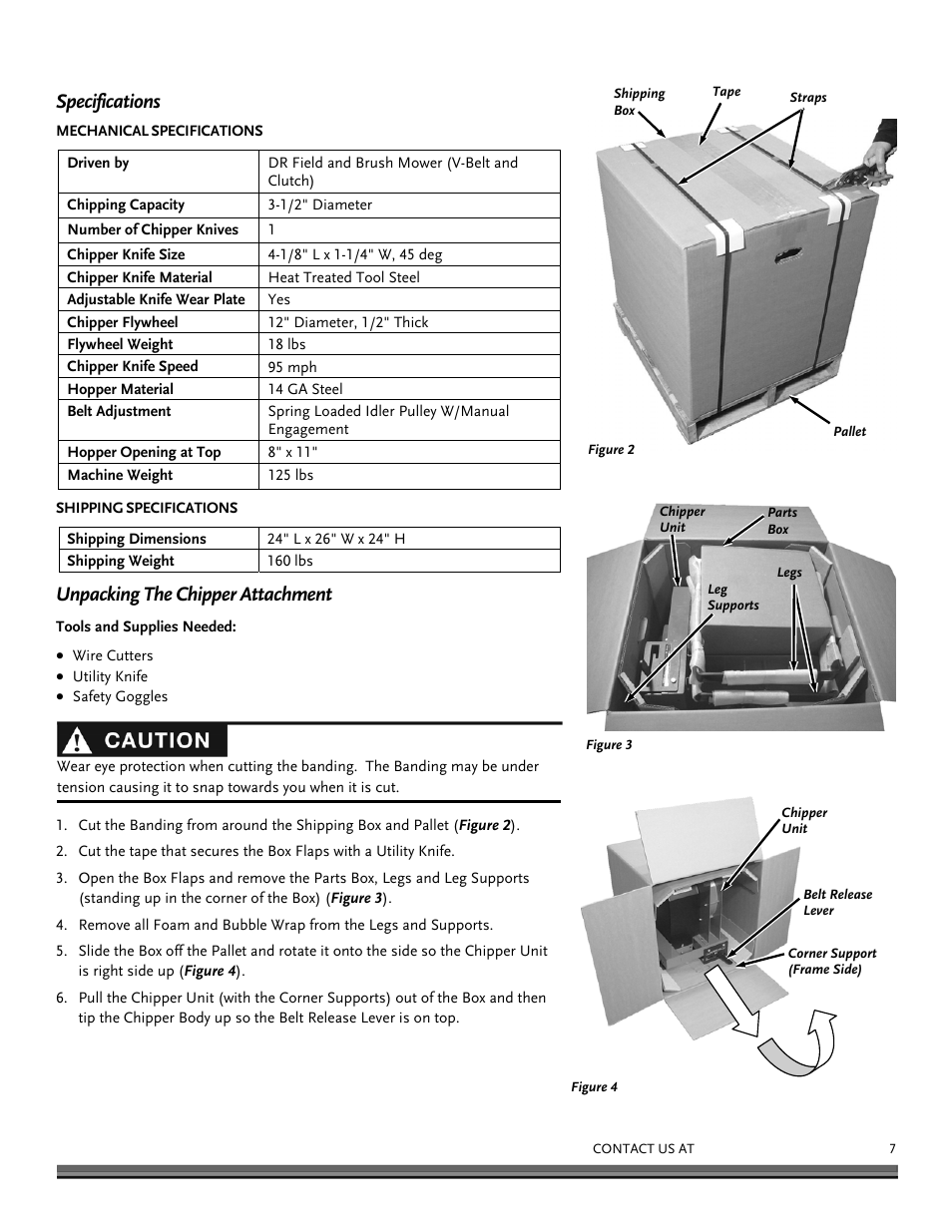 Specifications, Unpacking the chipper attachment | DR Power Chipper User Manual | Page 7 / 32