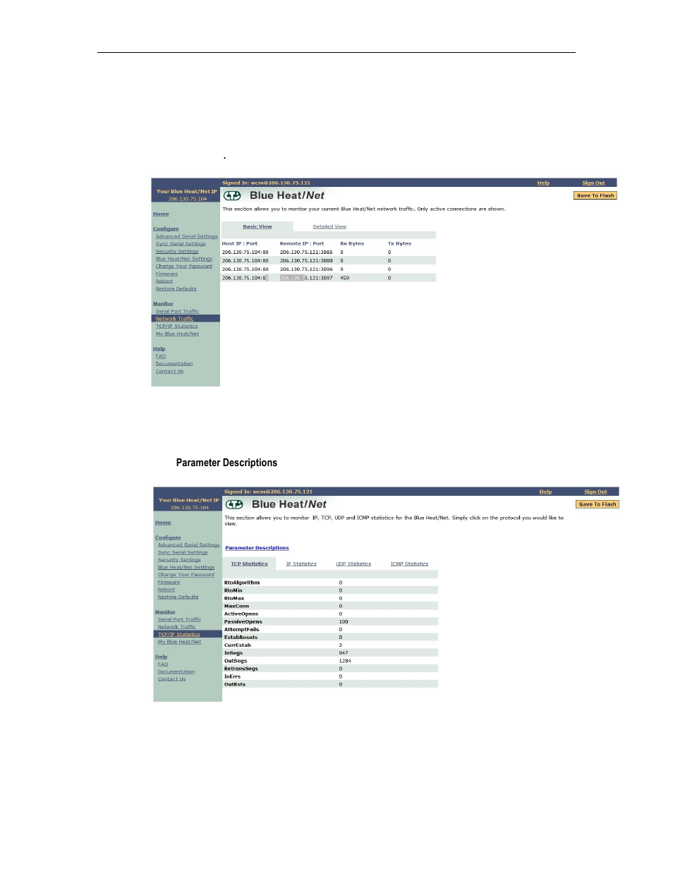 Monitor network traffic, Monitor tcp/ip statistics, My blue heat/net sync | Figure 20: monitoring network traffic, Figure 21: monitoring tcp/ip statistics | Connect Tech BLUE HEAT/NET SYNC CTIM-00044 User Manual | Page 38 / 76