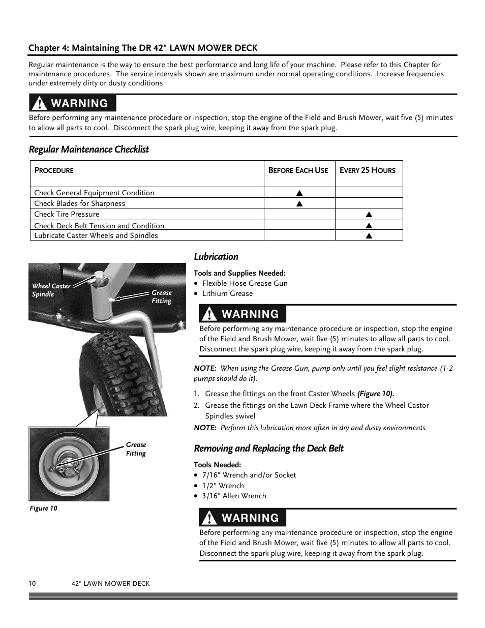 Regular maintenance checklist, Lubrication, Removing and replacing the deck belt | DR Power 42 Lawn Mower Deck User Manual | Page 10 / 24