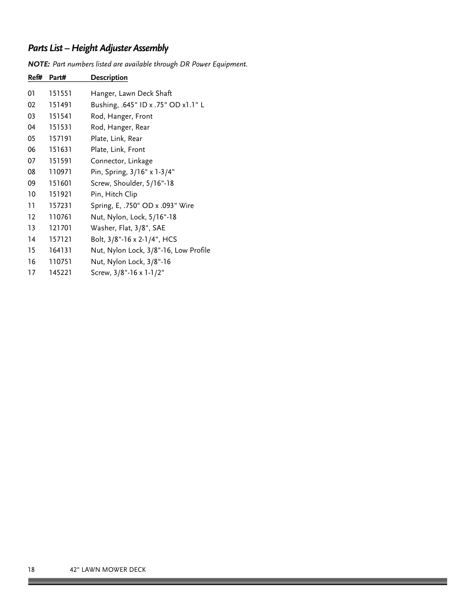 Parts list – height adjuster assembly | DR Power 42 Lawn Mower Deck User Manual | Page 18 / 24