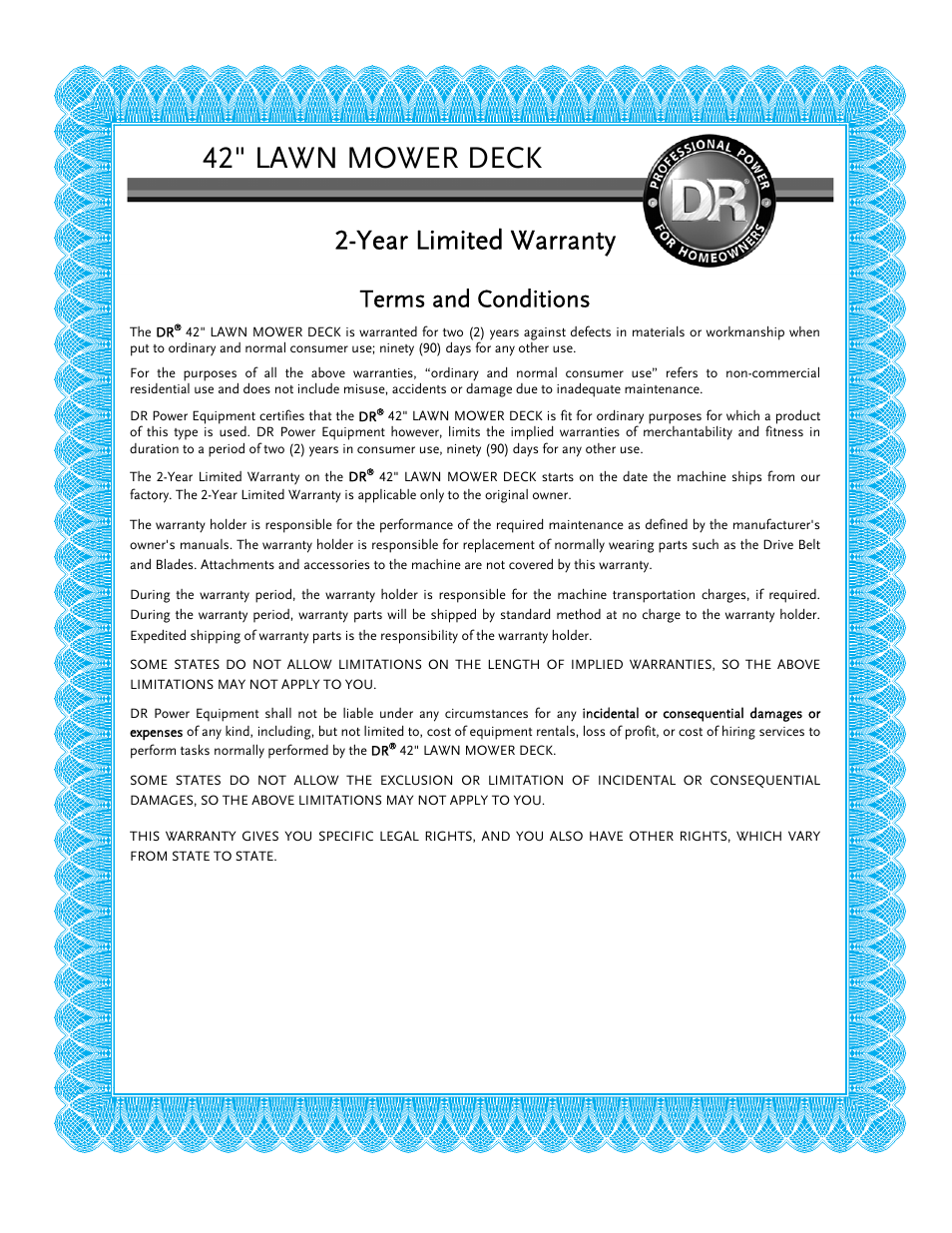 42" lawn mower deck, Year limited warranty, Terms and conditions | DR Power 42 Lawn Mower Deck User Manual | Page 23 / 24