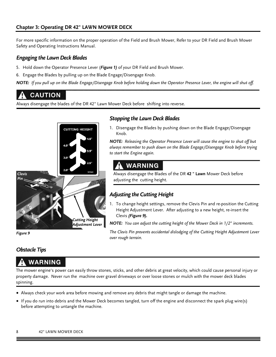 Engaging the lawn deck blades, Stopping the lawn deck blades, Adjusting the cutting height | Obstacle tips | DR Power 42 Lawn Mower Deck User Manual | Page 8 / 24