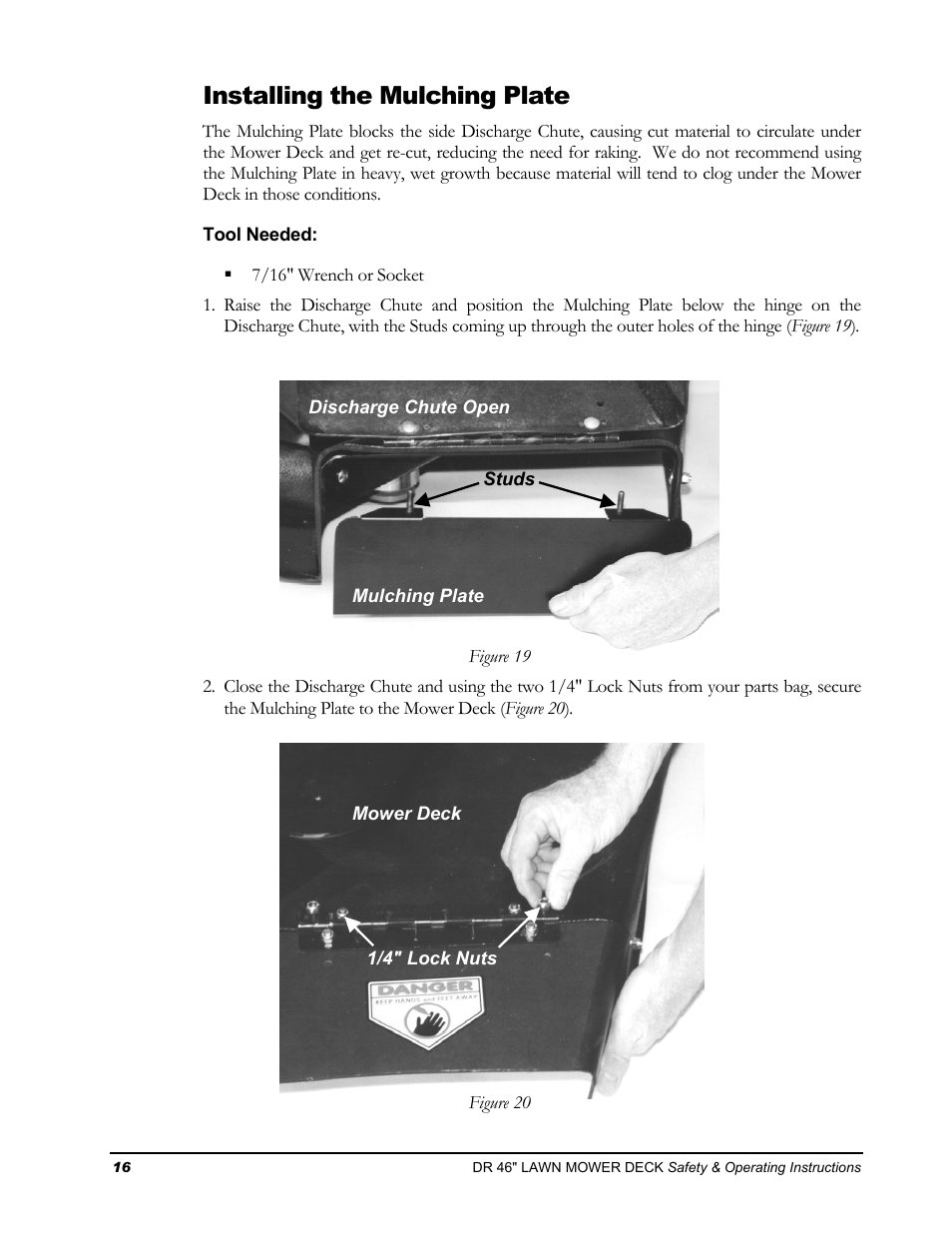 Installing the mulching plate | DR Power 46 Lawn Mower Deck User Manual | Page 20 / 42