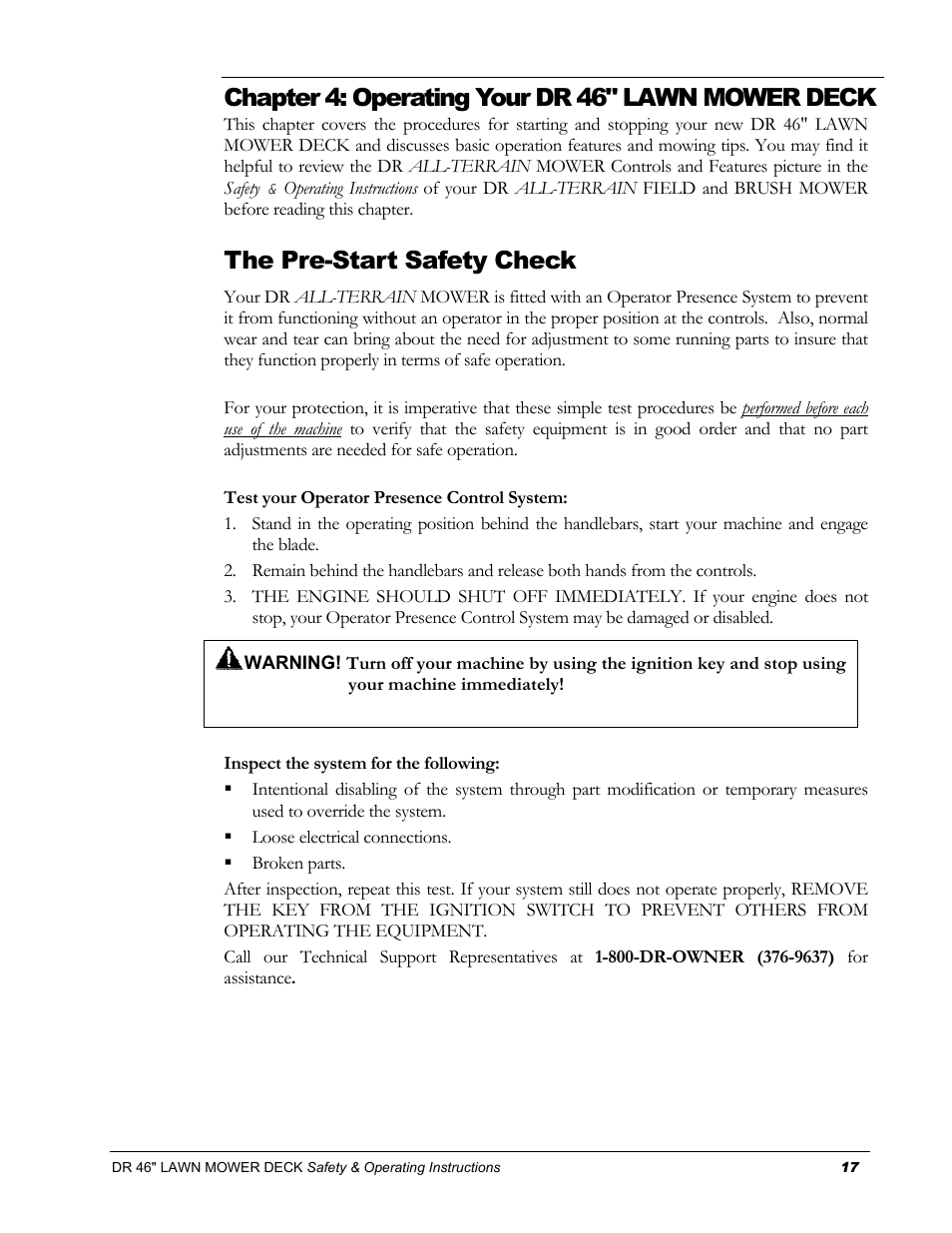 Chapter 4: operating your dr 46" lawn mower deck, The pre-start safety check | DR Power 46 Lawn Mower Deck User Manual | Page 21 / 42