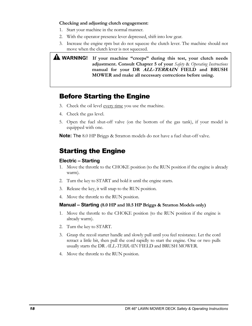 Before starting the engine, Starting the engine | DR Power 46 Lawn Mower Deck User Manual | Page 22 / 42