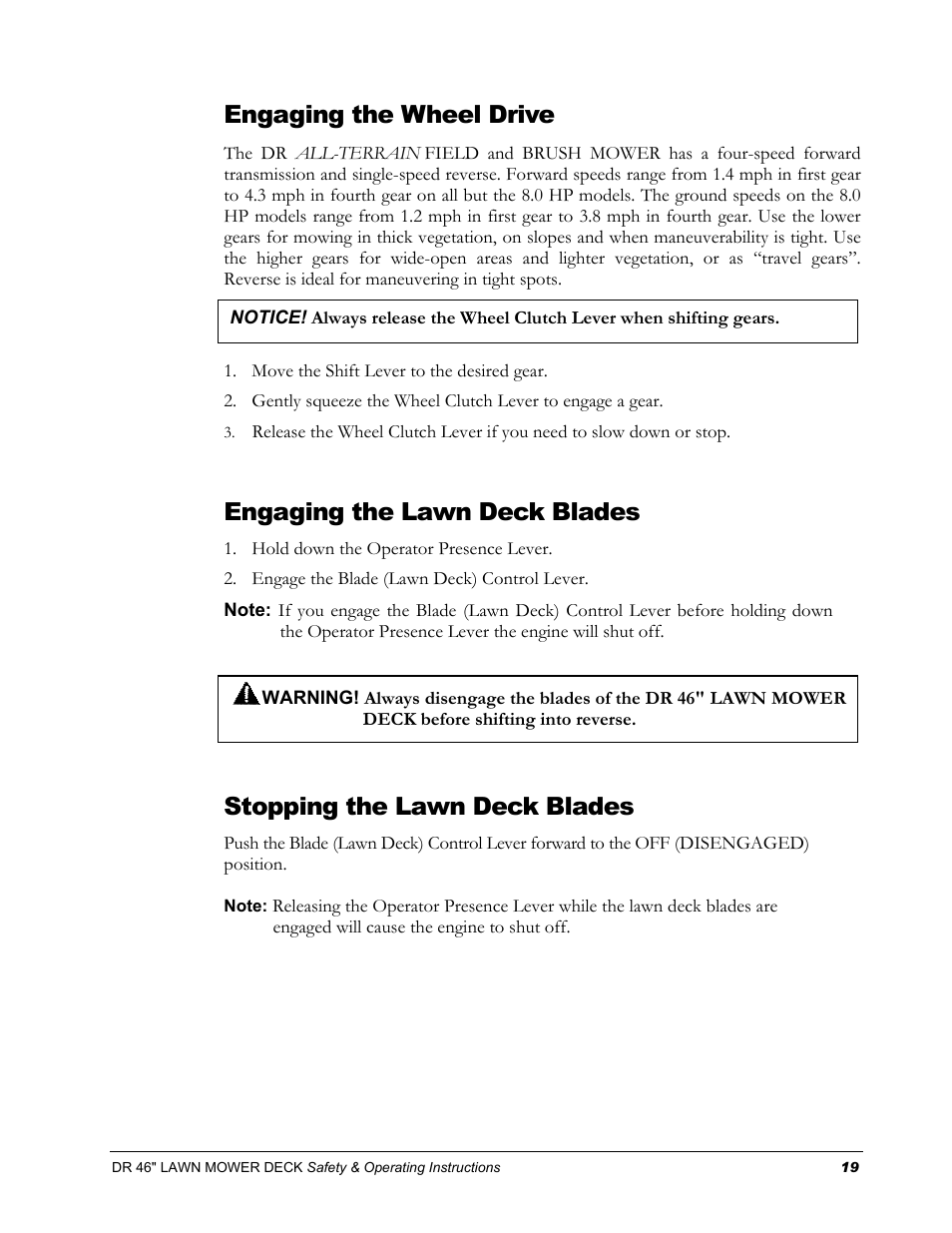 Engaging the wheel drive, Engaging the lawn deck blades, Stopping the lawn deck blades | DR Power 46 Lawn Mower Deck User Manual | Page 23 / 42