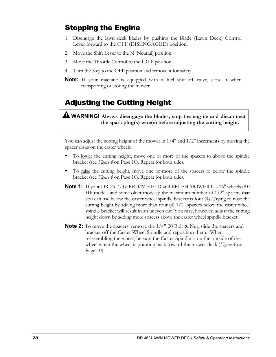 Stopping the engine, Adjusting the cutting height | DR Power 46 Lawn Mower Deck User Manual | Page 24 / 42