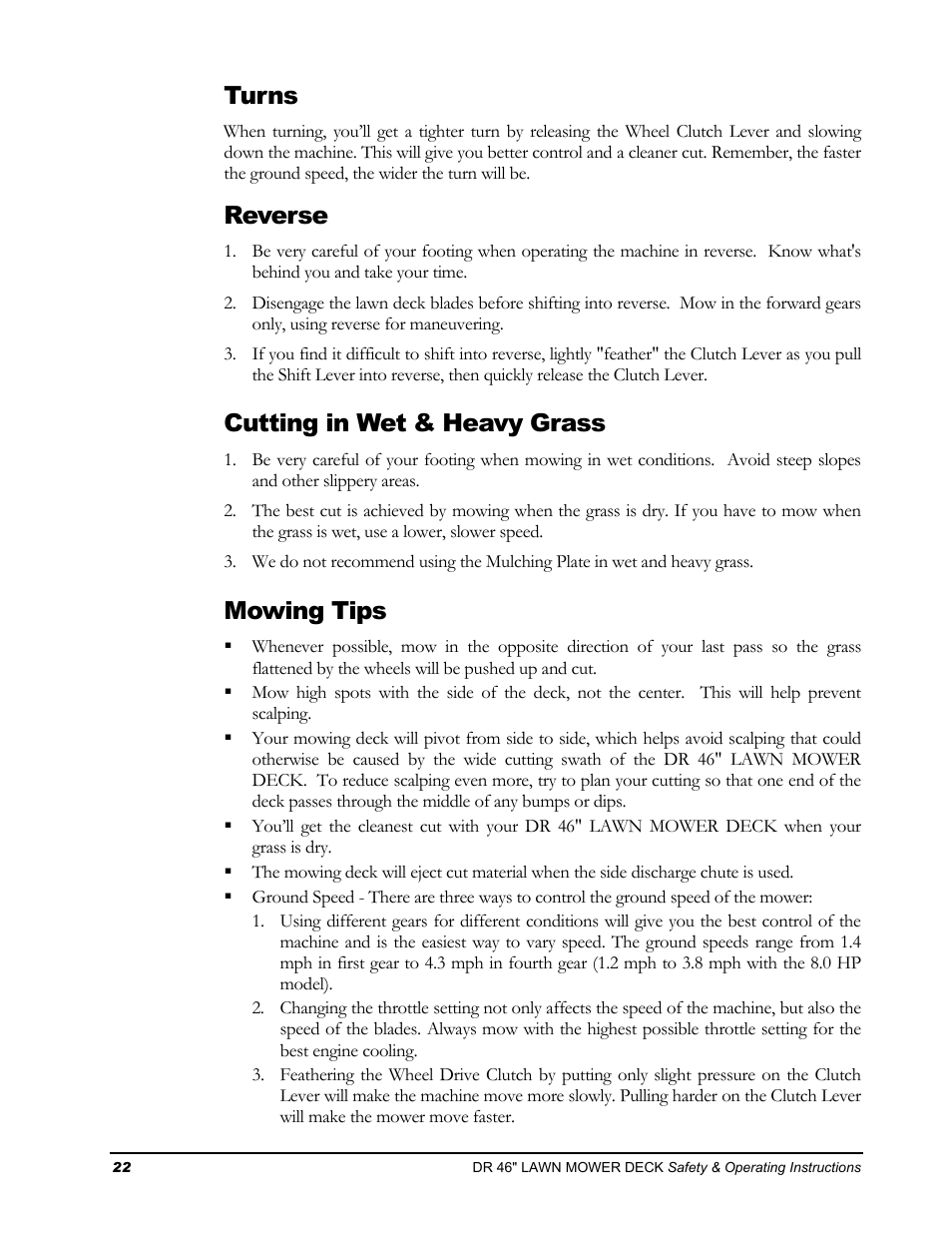 Turns, Reverse, Cutting in wet & heavy grass | Mowing tips | DR Power 46 Lawn Mower Deck User Manual | Page 26 / 42