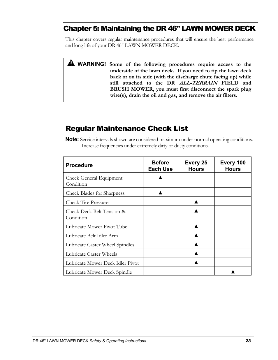 Chapter 5: maintaining the dr 46" lawn mower deck, Regular maintenance check list | DR Power 46 Lawn Mower Deck User Manual | Page 27 / 42