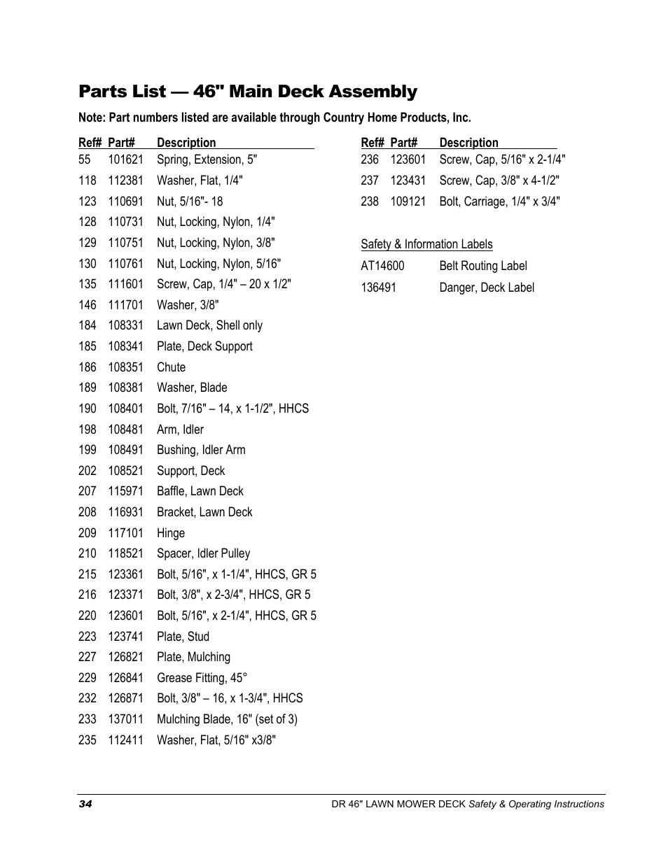 Parts list — 46" main deck assembly | DR Power 46 Lawn Mower Deck User Manual | Page 38 / 42