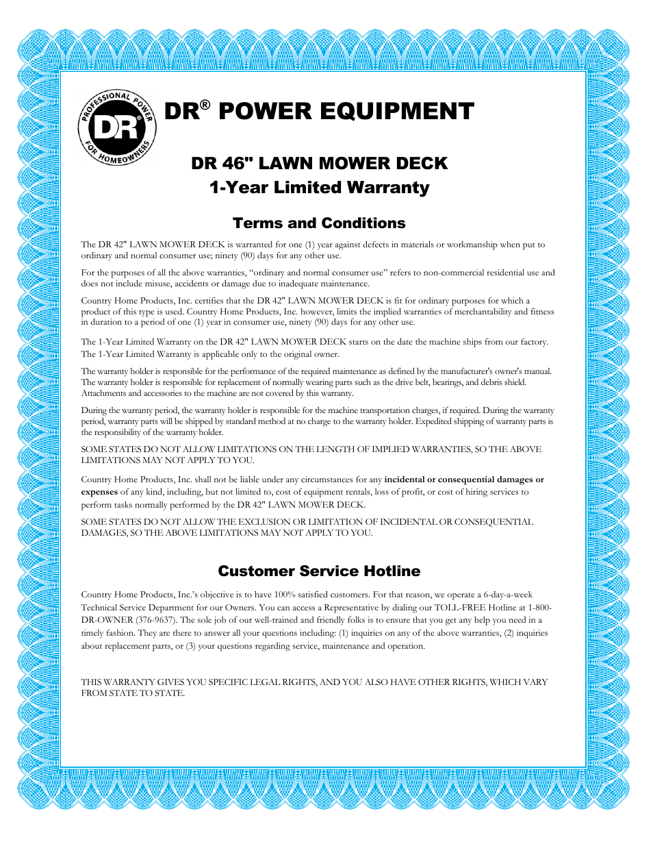 Power equipment, Warranty, Dr 46" lawn mower deck 1-year limited warranty | Terms and conditions, Customer service hotline | DR Power 46 Lawn Mower Deck User Manual | Page 41 / 42