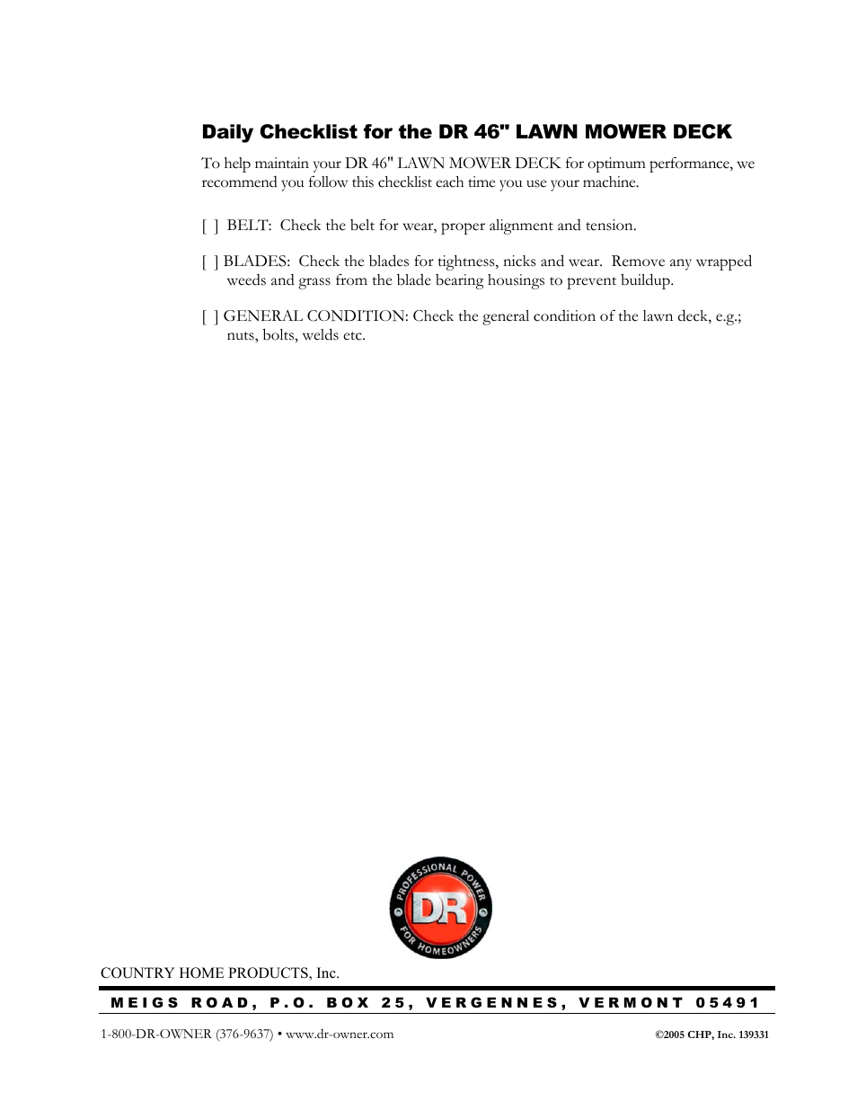 Daily checklist for the dr 46" lawn mower deck | DR Power 46 Lawn Mower Deck User Manual | Page 42 / 42