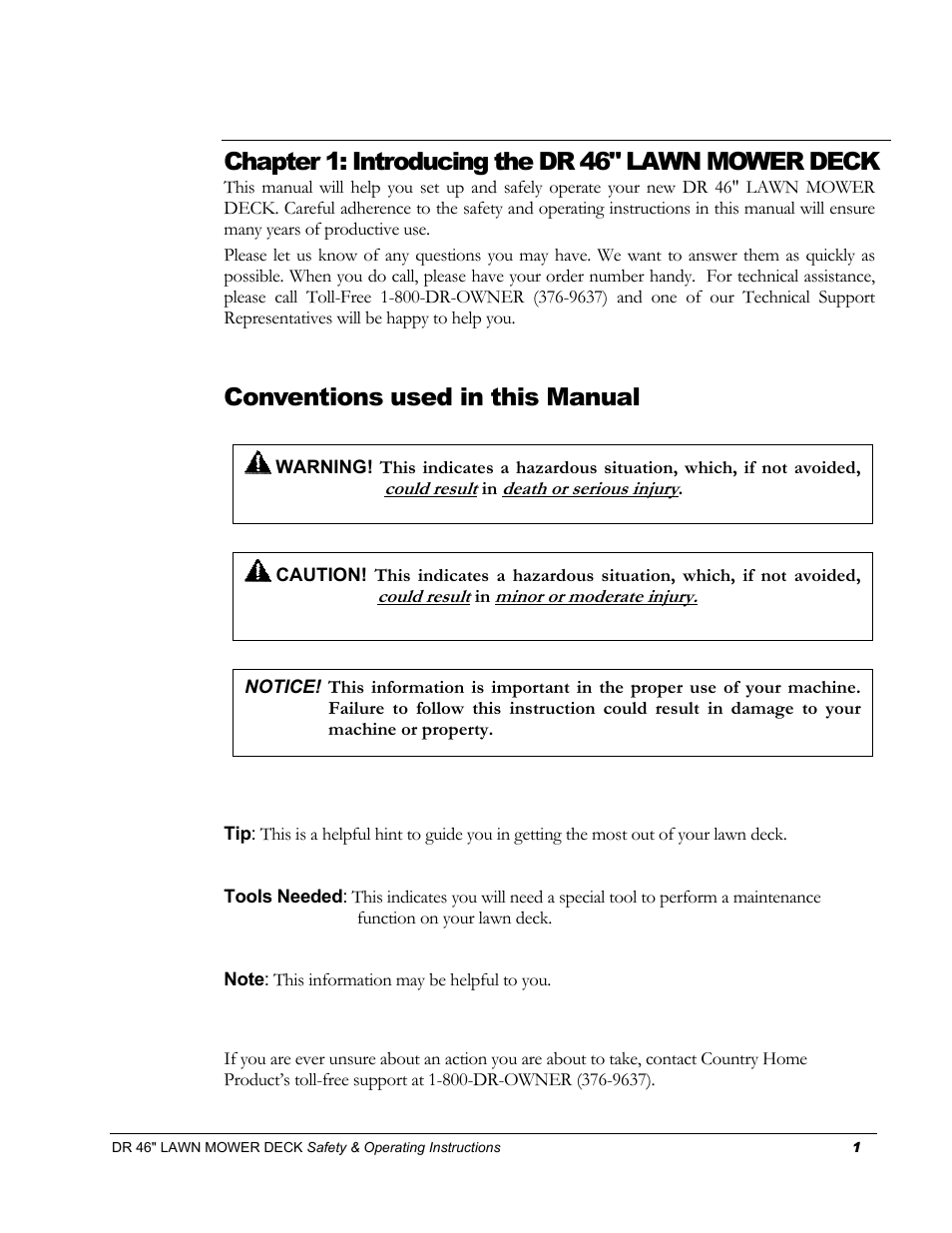 Chapter 1: introducing the dr 46" lawn mower deck, Conventions used in this manual | DR Power 46 Lawn Mower Deck User Manual | Page 5 / 42