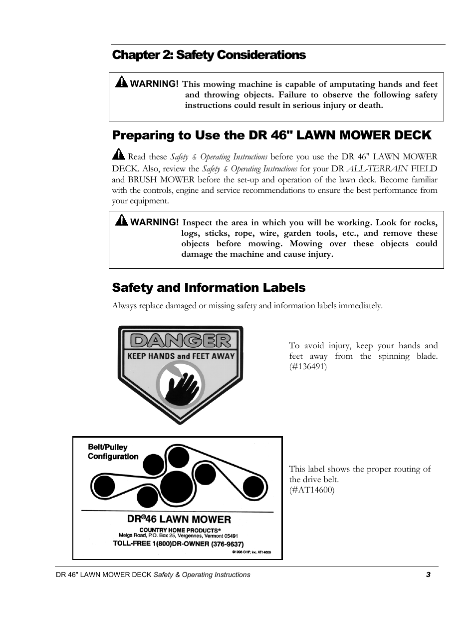 Chapter 2: safety considerations, Preparing to use the dr 46" lawn mower deck, Safety and information labels | DR Power 46 Lawn Mower Deck User Manual | Page 7 / 42
