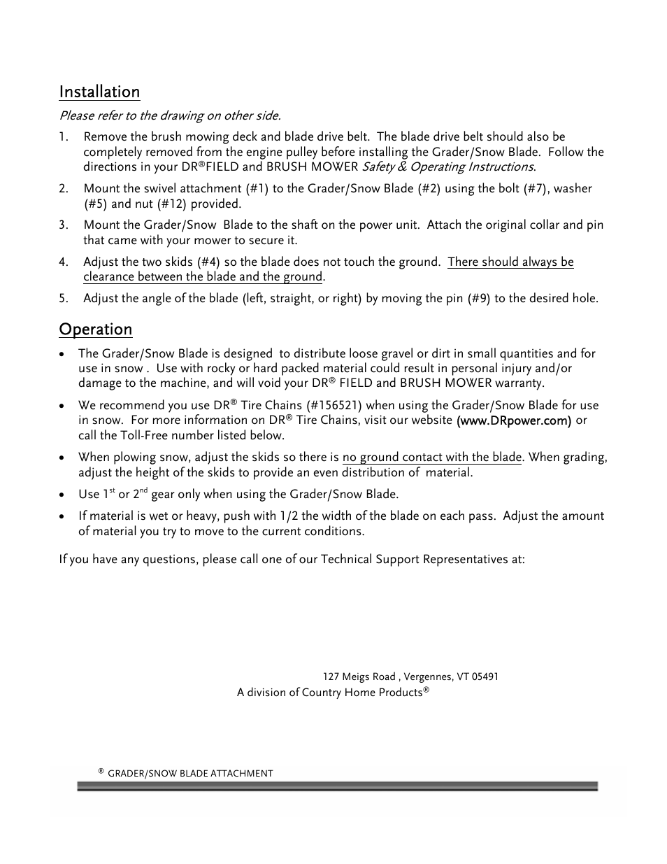 Installation, Operation, Please refer to the drawing on other side | Safety & operating instructions | DR Power 42 Grader/Snow Blade User Manual | Page 2 / 2