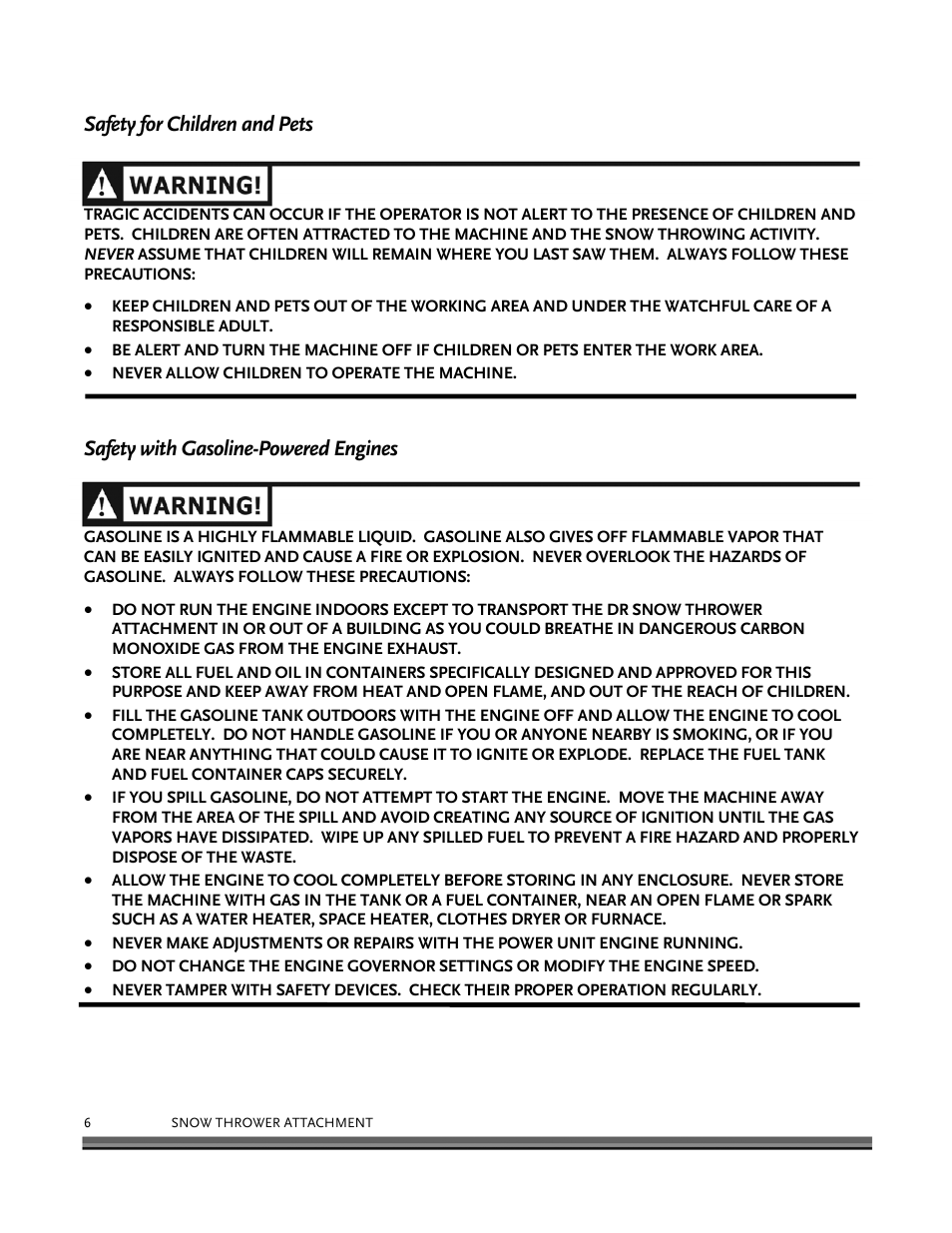 Safety for children and pets, Safety with gasoline-powered engines | DR Power 30 Snow Thrower User Manual | Page 10 / 44