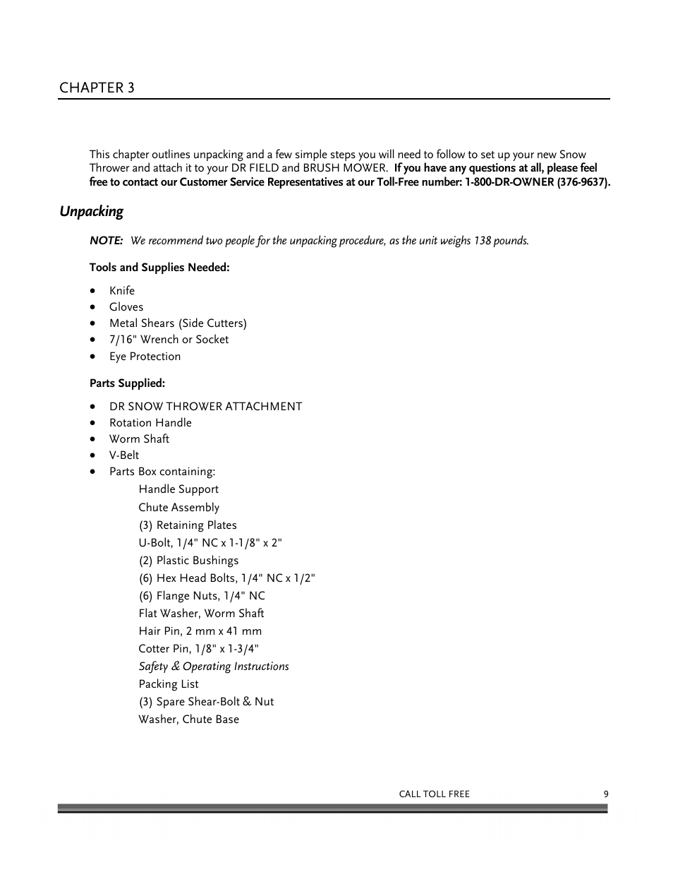 Setting up your dr snow thrower attachment, Chapter 3, Unpacking | DR Power 30 Snow Thrower User Manual | Page 13 / 44