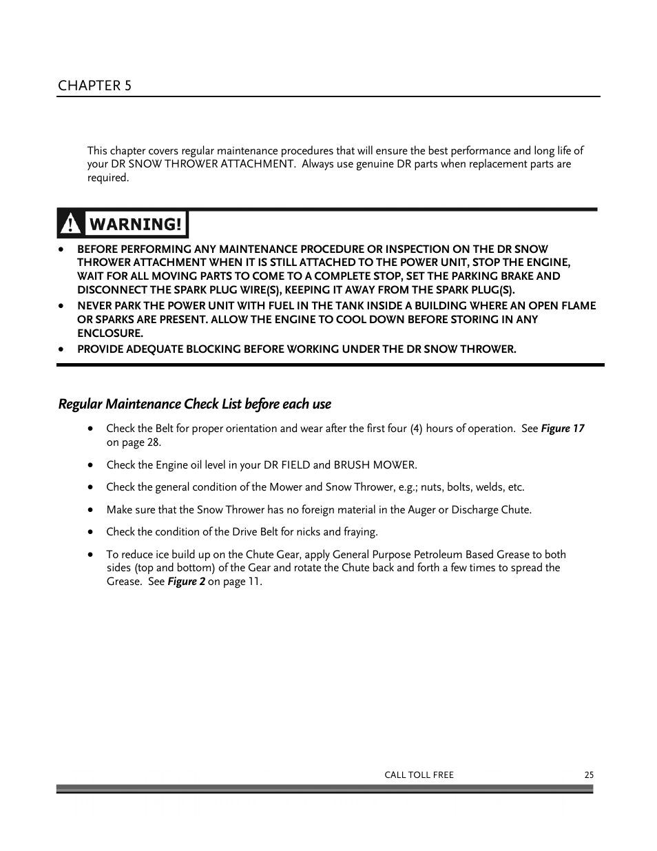 Maintaining the dr snow thrower attachment, Chapter 5, Regular maintenance check list before each use | DR Power 30 Snow Thrower User Manual | Page 29 / 44