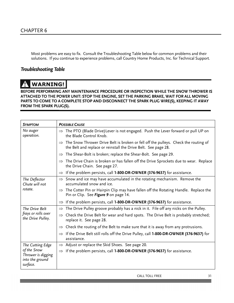 Troubleshooting, Chapter 6, Troubleshooting table | DR Power 30 Snow Thrower User Manual | Page 35 / 44