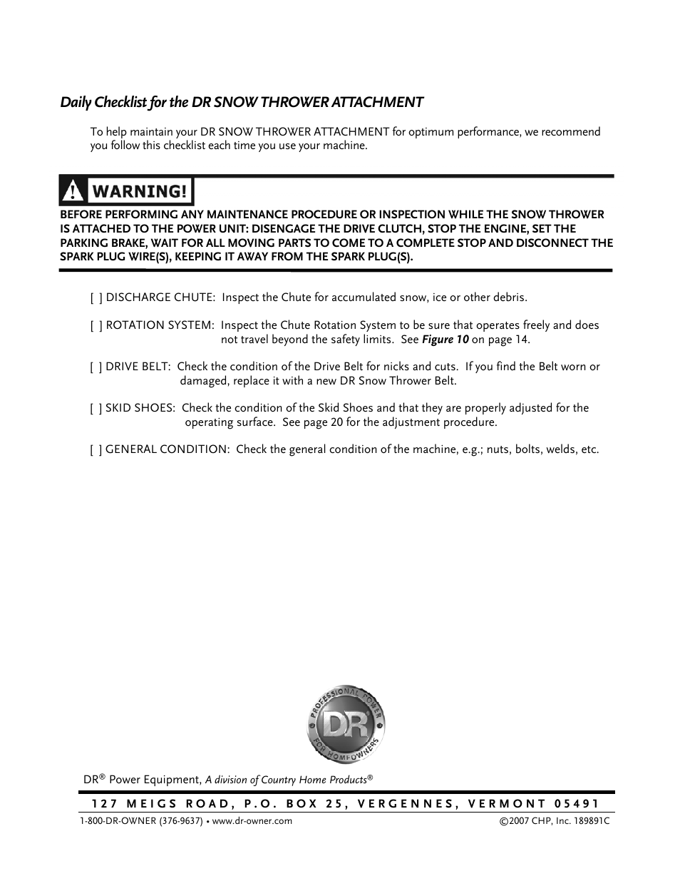 Daily checklist for the dr snow thrower attachment | DR Power 30 Snow Thrower User Manual | Page 44 / 44