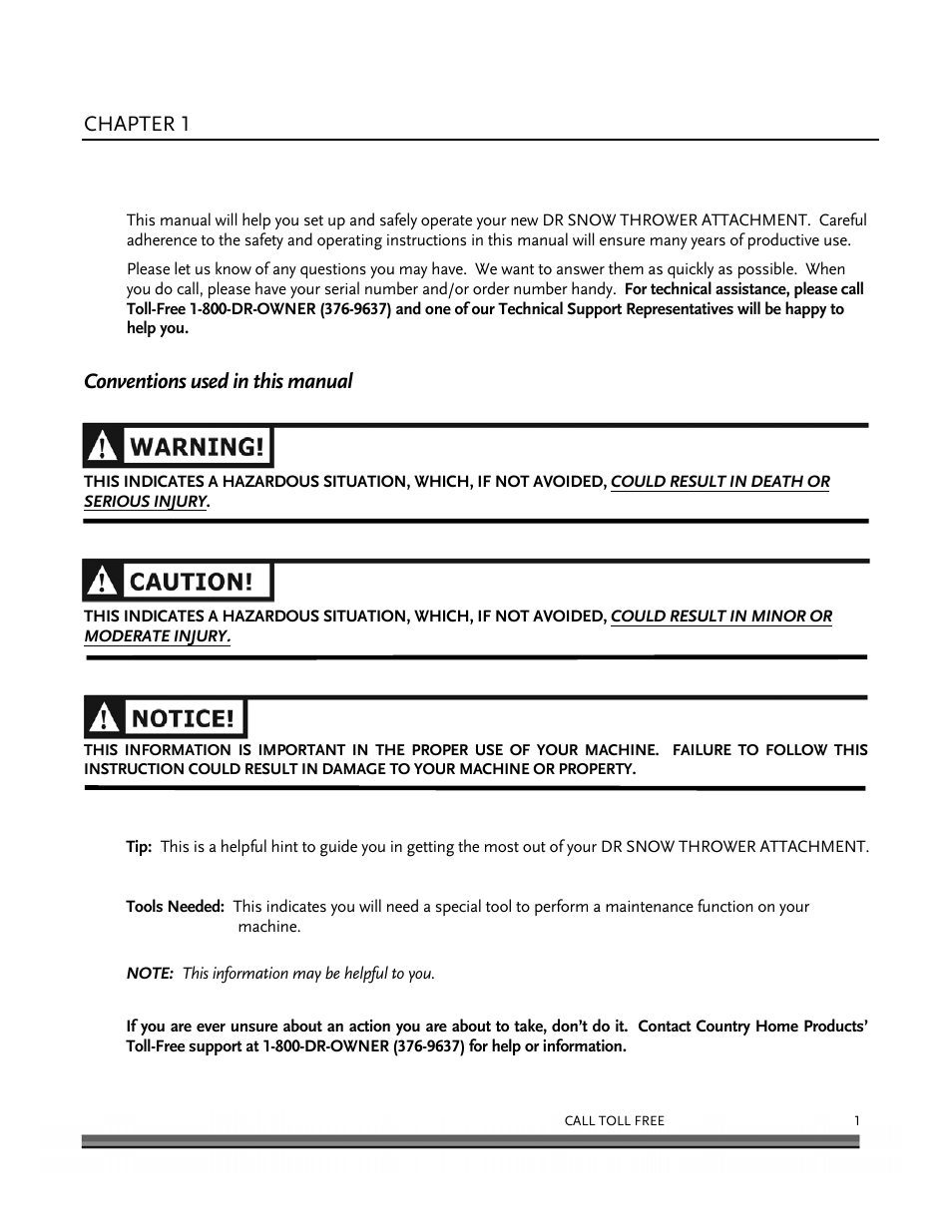 Introducing the dr snow thrower attachment, Chapter 1, Conventions used in this manual | DR Power 30 Snow Thrower User Manual | Page 5 / 44