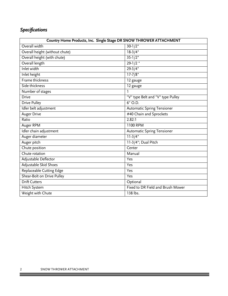 Specifications | DR Power 30 Snow Thrower User Manual | Page 6 / 44