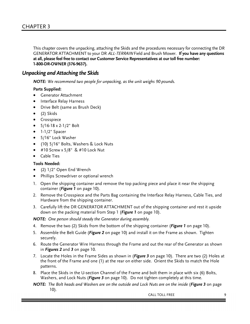 Setting up your dr generator attachment, Chapter 3, Unpacking and attaching the skids | DR Power 6000-Watt Generator User Manual | Page 13 / 40