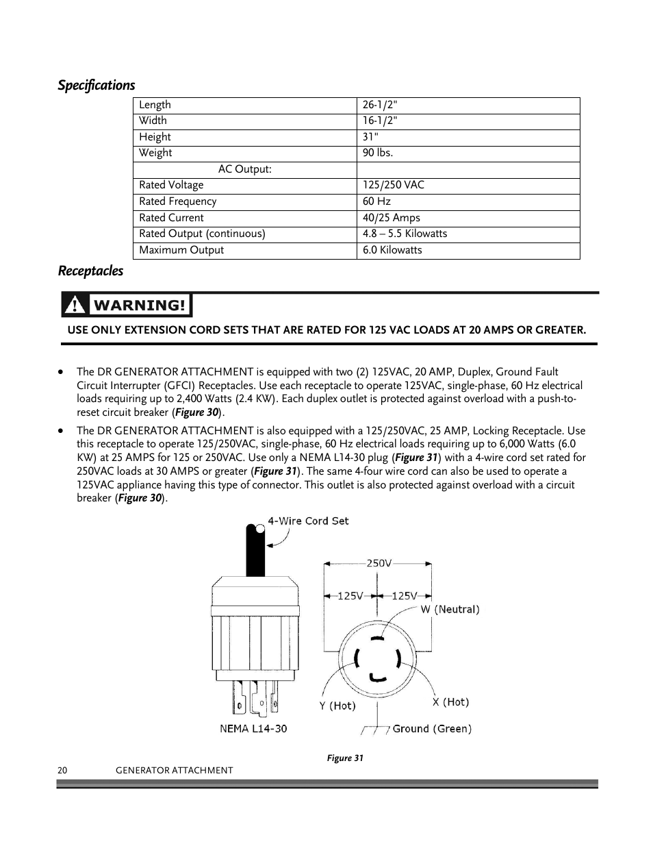 Specifications, Receptacles | DR Power 6000-Watt Generator User Manual | Page 24 / 40