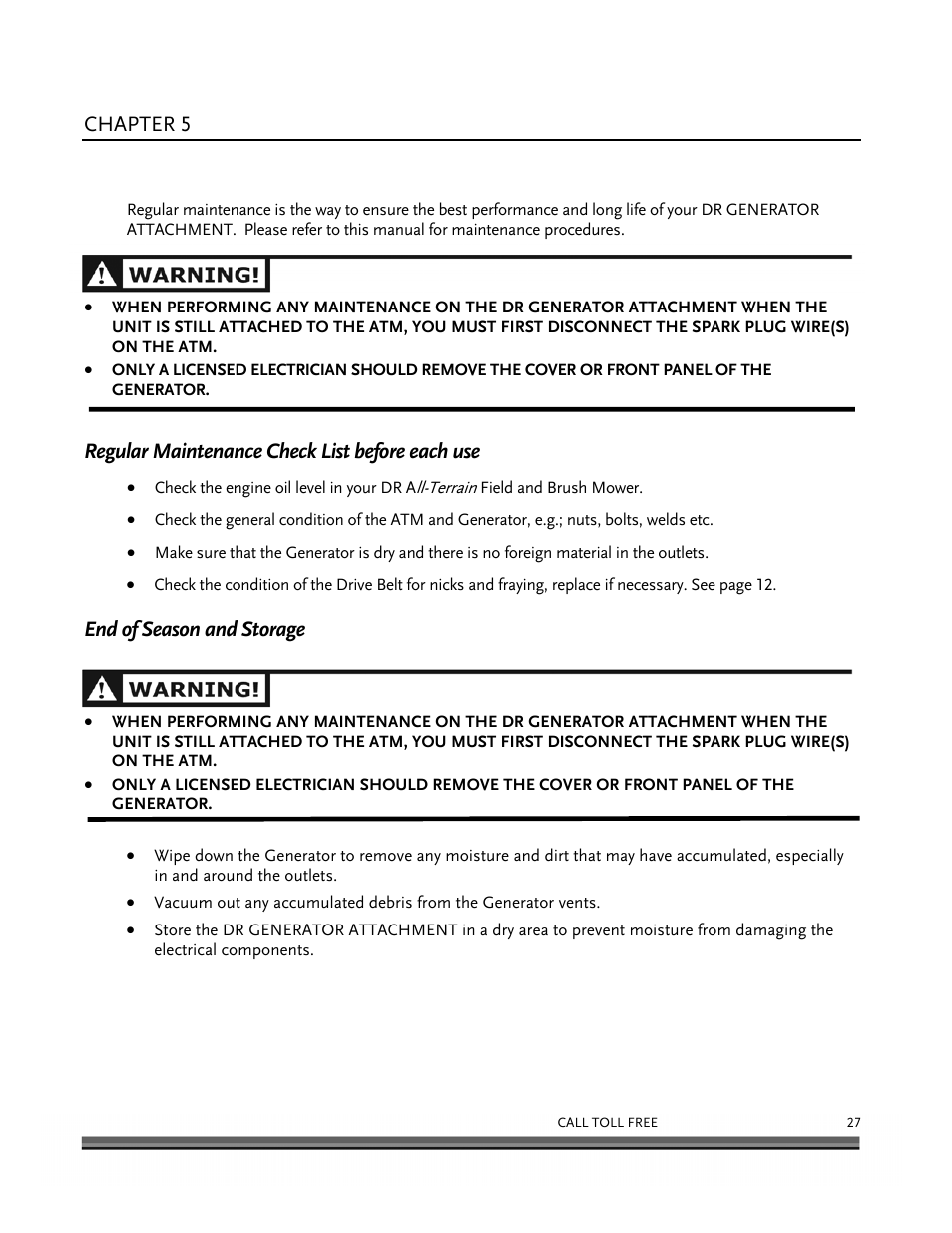 Maintaining the dr generator attachment, Chapter 5, Regular maintenance check list before each use | End of season and storage | DR Power 6000-Watt Generator User Manual | Page 31 / 40