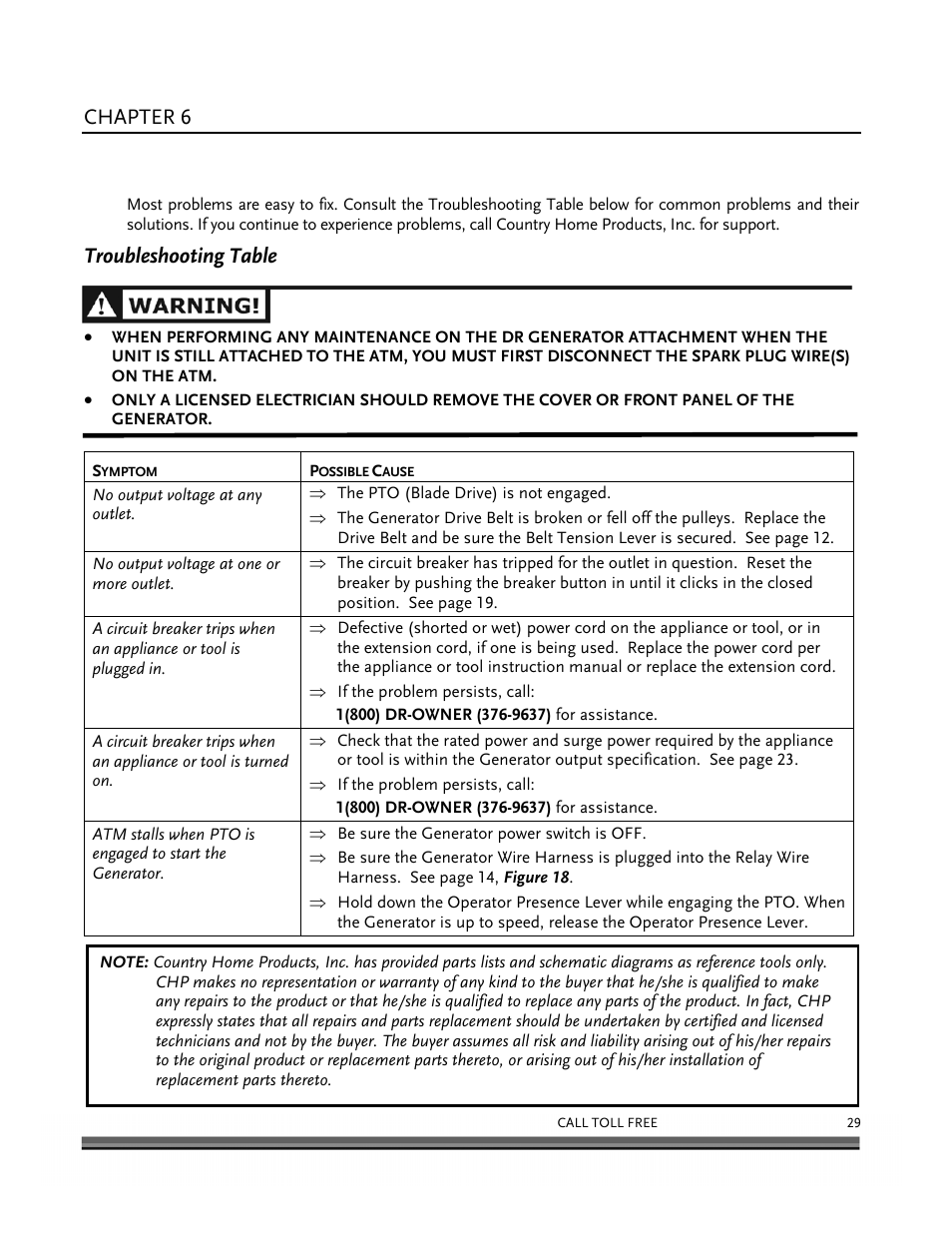 Troubleshooting, Chapter 6, Troubleshooting table | DR Power 6000-Watt Generator User Manual | Page 33 / 40