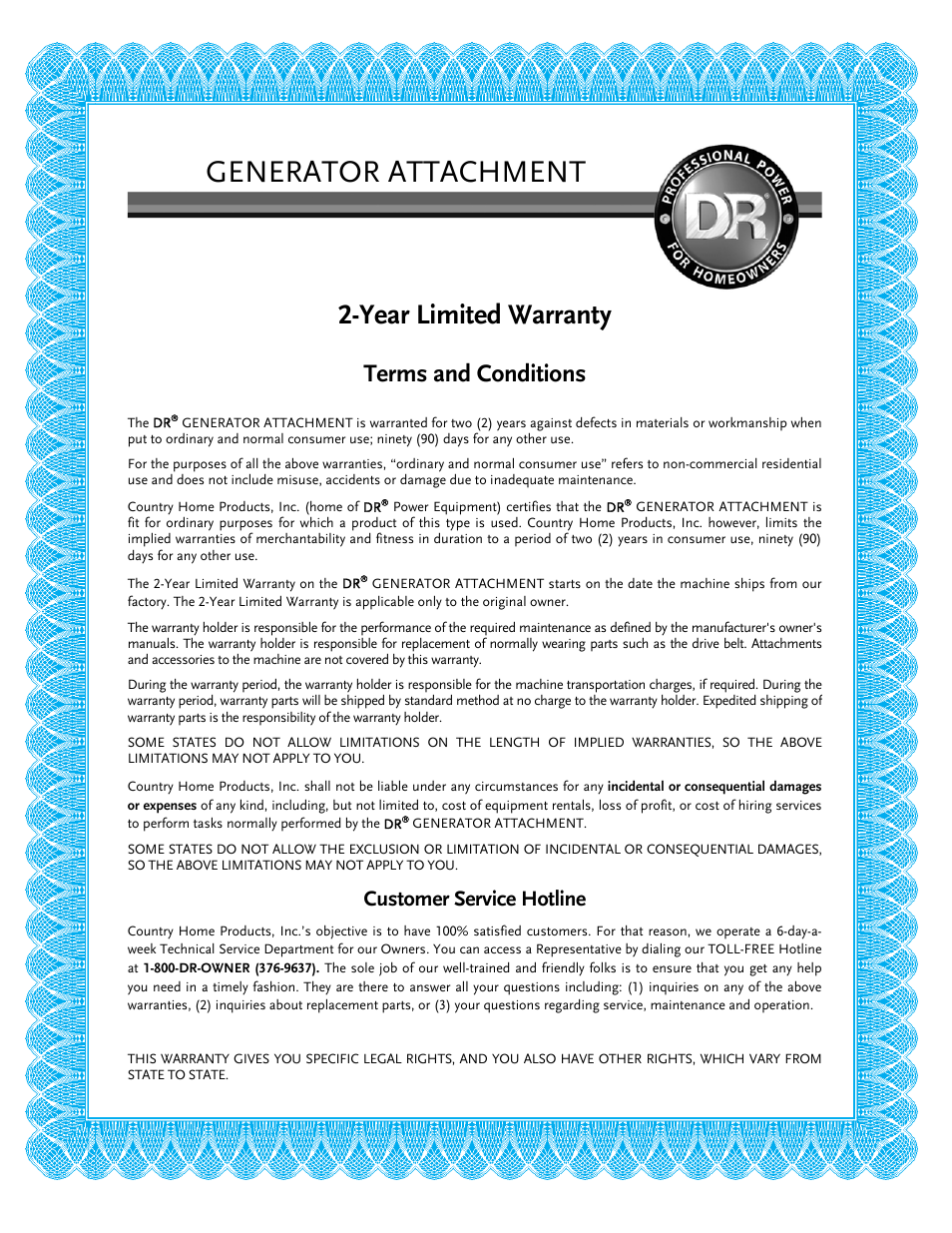 Generator attachment, Year limited warranty, Terms and conditions | Warranty, Customer service hotline | DR Power 6000-Watt Generator User Manual | Page 39 / 40