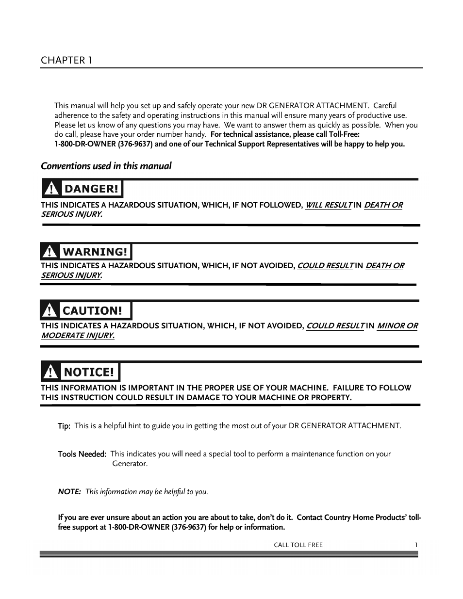 Introducing the dr generator attachment, Chapter 1, Conventions used in this manual | DR Power 6000-Watt Generator User Manual | Page 5 / 40