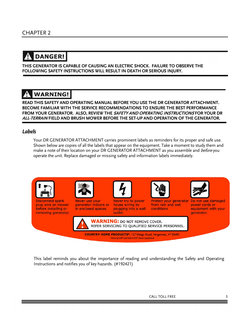 General safety rules, Chapter 2, Labels | DR Power 6000-Watt Generator User Manual | Page 7 / 40