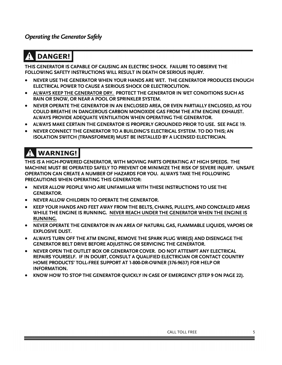 Operating the generator safely | DR Power 6000-Watt Generator User Manual | Page 9 / 40