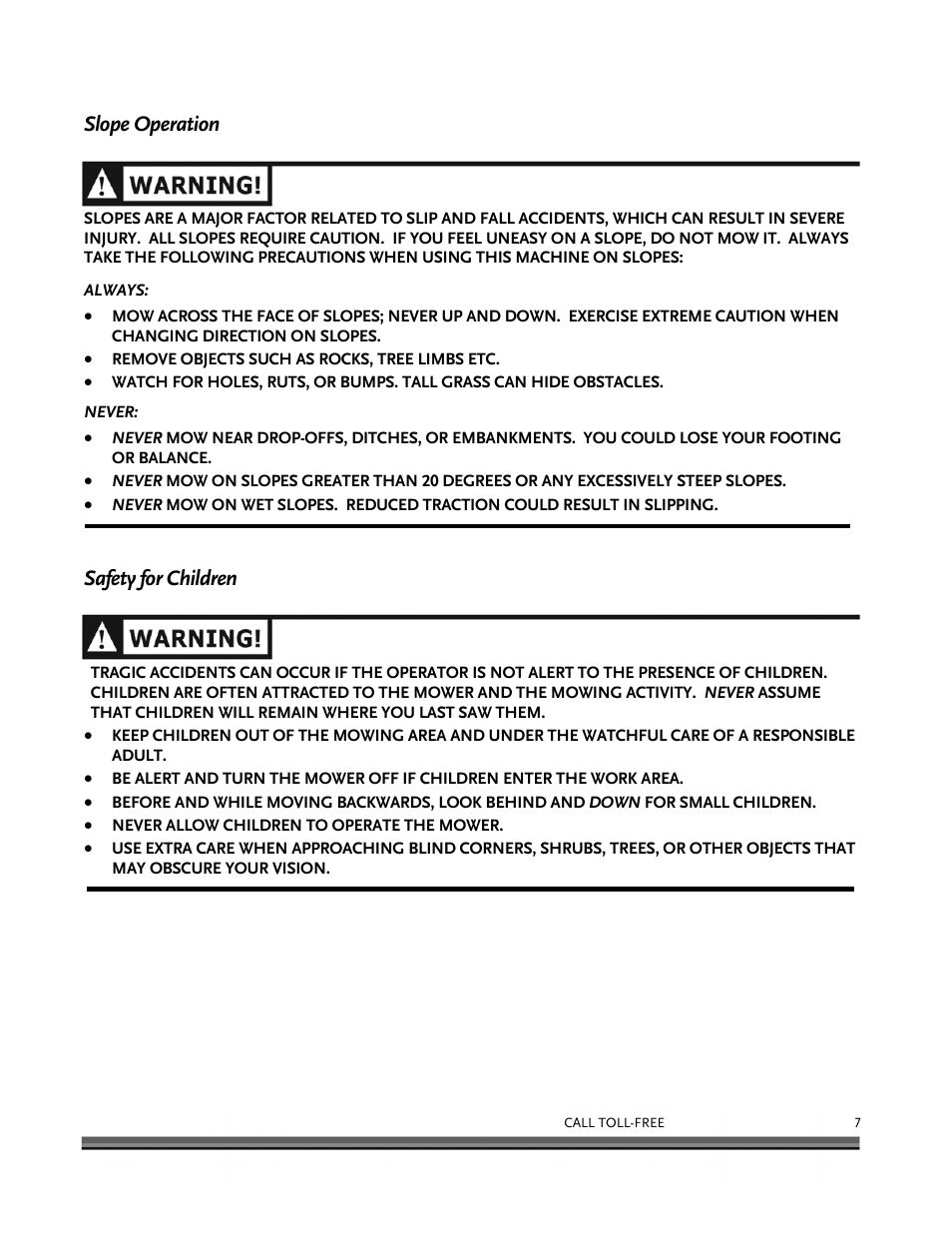 Slope operation, Safety for children | DR Power Scout 8.25 (January 2007 and Later) User Manual | Page 11 / 54