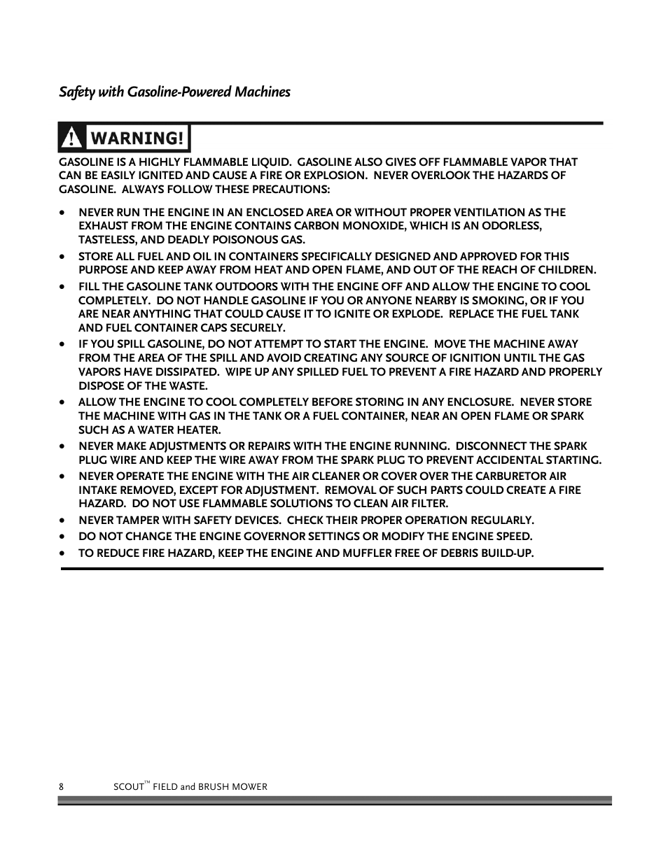 Safety with gasoline-powered machines | DR Power Scout 8.25 (January 2007 and Later) User Manual | Page 12 / 54