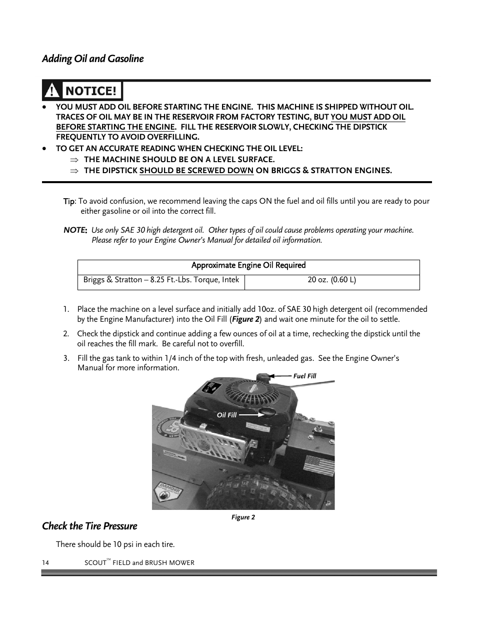 Adding oil and gasoline, Check the tire pressure | DR Power Scout 8.25 (January 2007 and Later) User Manual | Page 18 / 54