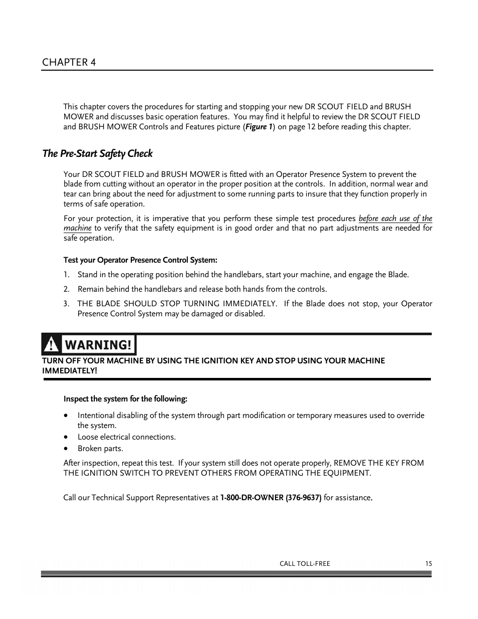 Operating your dr scout field and brush mower, Chapter 4, The pre-start safety check | DR Power Scout 8.25 (January 2007 and Later) User Manual | Page 19 / 54