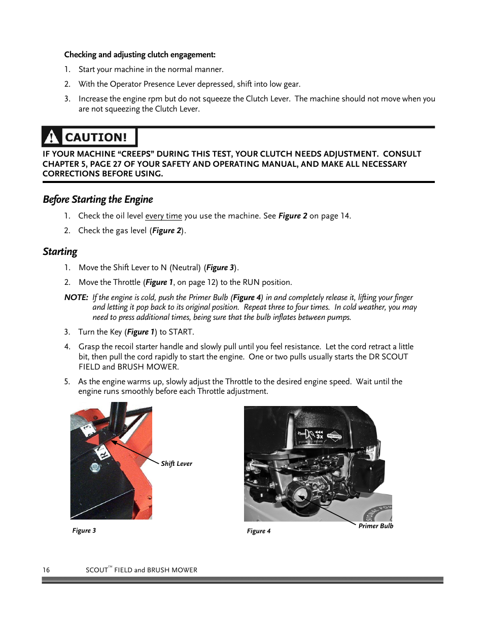 Before starting the engine, Starting | DR Power Scout 8.25 (January 2007 and Later) User Manual | Page 20 / 54
