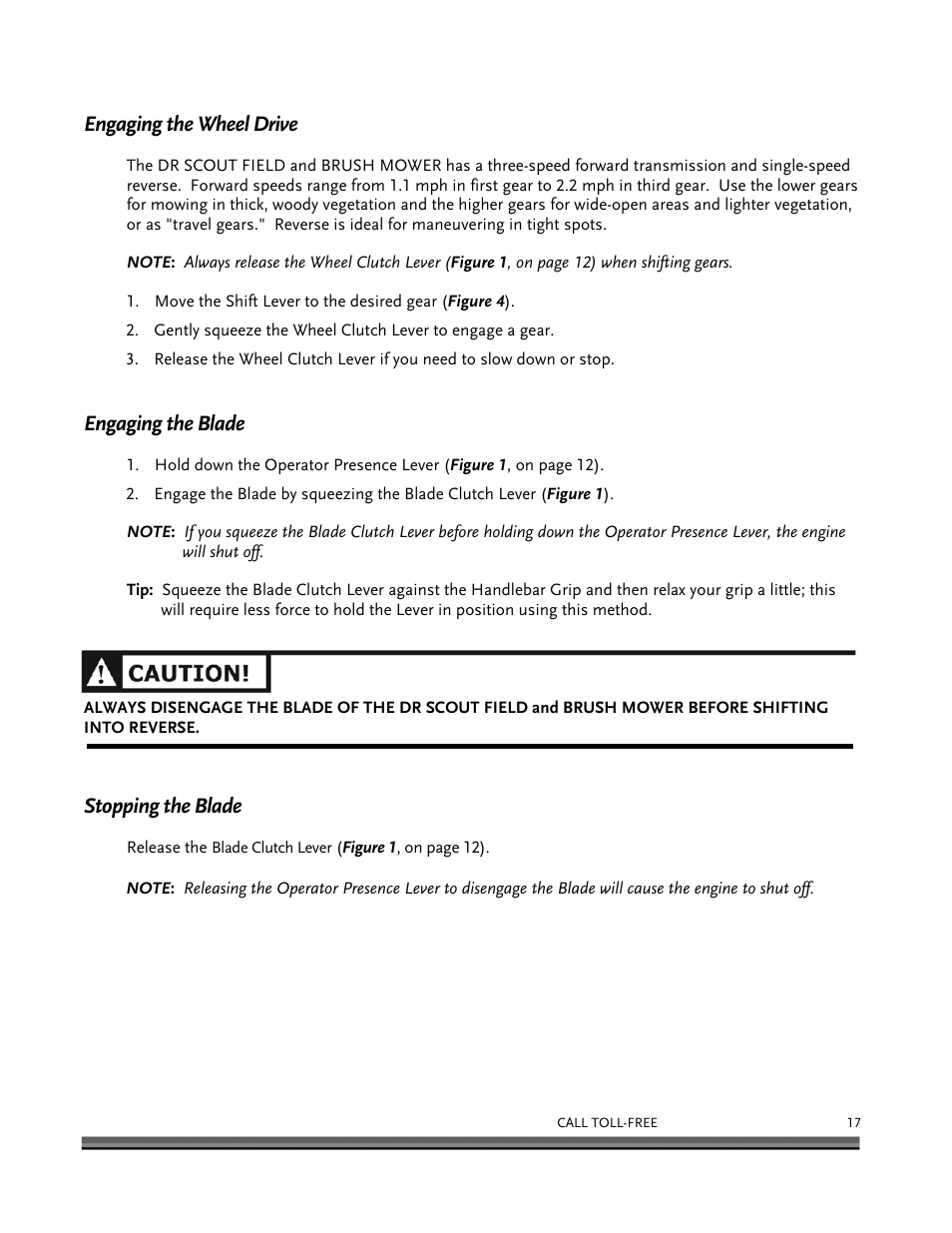 Engaging the wheel drive, Engaging the blade, Stopping the blade | DR Power Scout 8.25 (January 2007 and Later) User Manual | Page 21 / 54