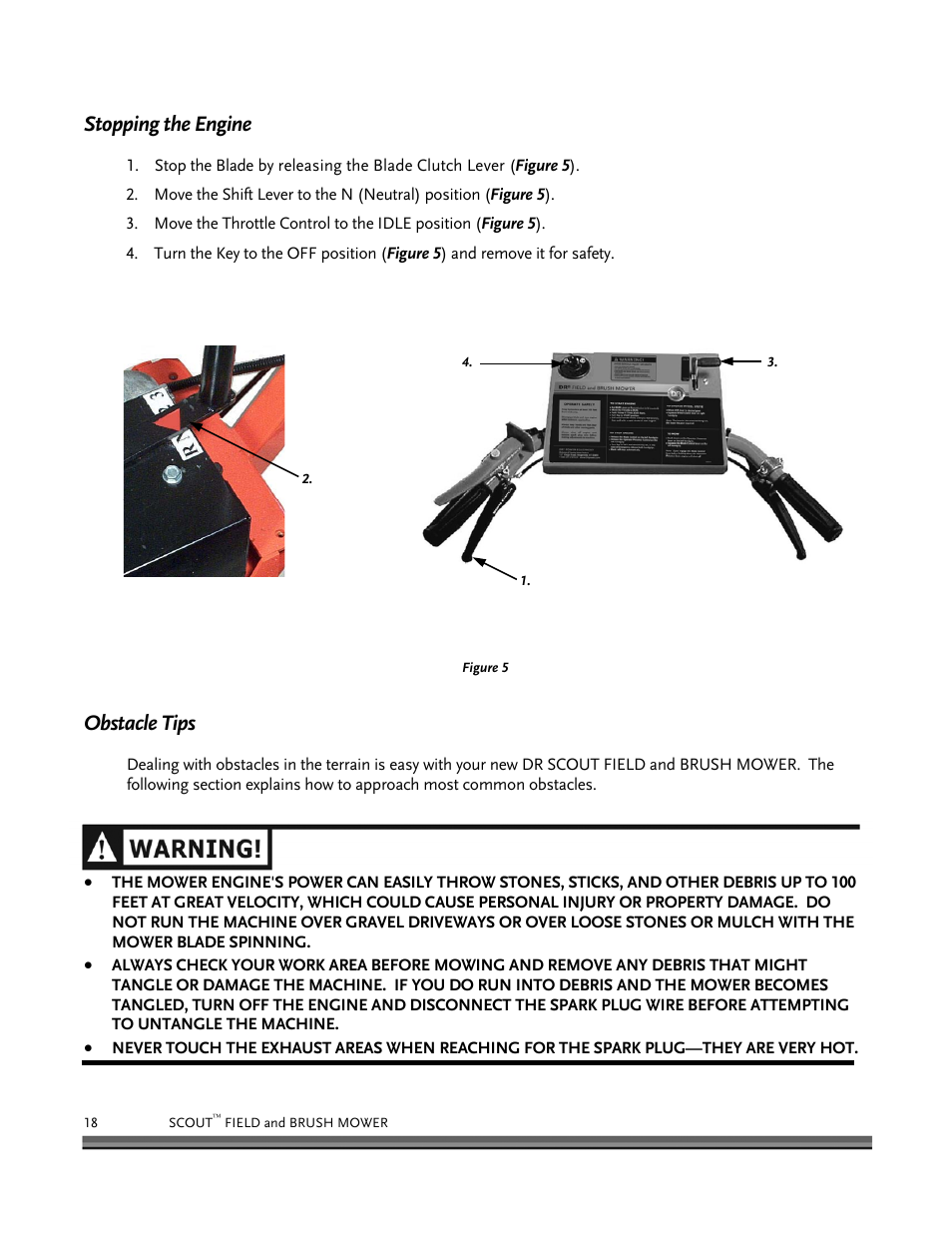Stopping the engine, Obstacle tips | DR Power Scout 8.25 (January 2007 and Later) User Manual | Page 22 / 54