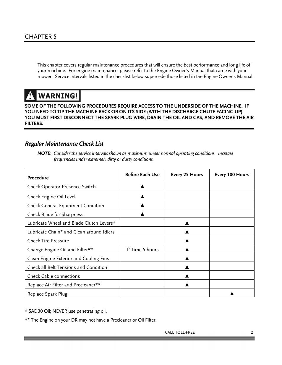 Maintaining the dr scout field and brush mower, Chapter 5, Regular maintenance check list | DR Power Scout 8.25 (January 2007 and Later) User Manual | Page 25 / 54