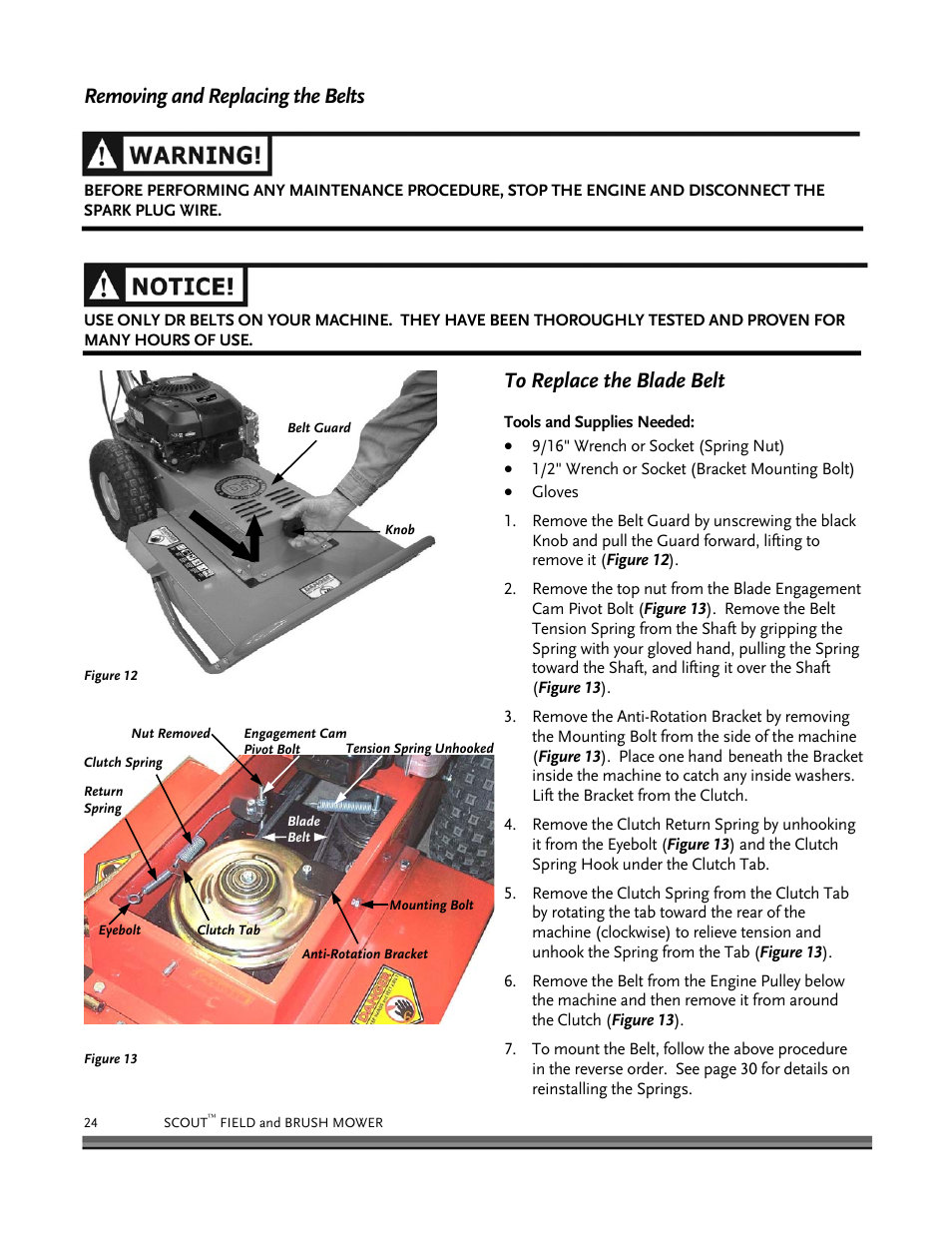 Removing and replacing the belts | DR Power Scout 8.25 (January 2007 and Later) User Manual | Page 28 / 54