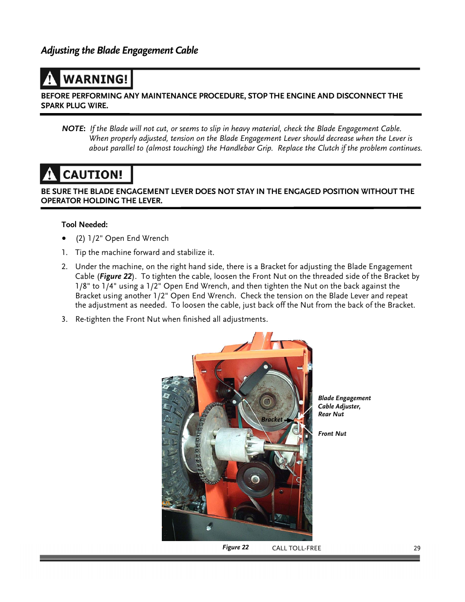 Adjusting the blade engagement cable | DR Power Scout 8.25 (January 2007 and Later) User Manual | Page 33 / 54