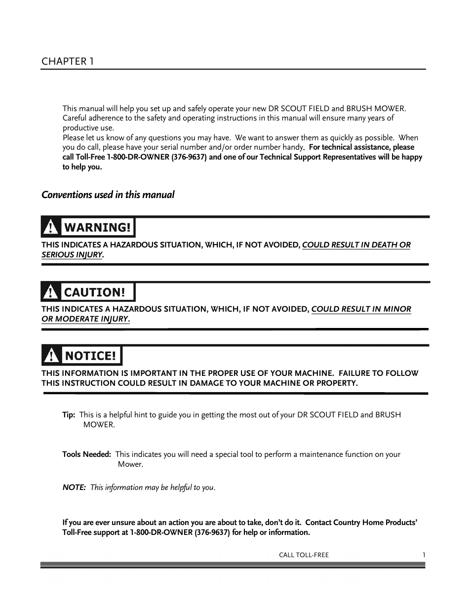 Introducing the dr scout field and brush mower, Chapter 1, Conventions used in this manual | DR Power Scout 8.25 (January 2007 and Later) User Manual | Page 5 / 54